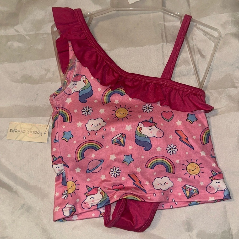 Bobbie Brooks Girls Unicorn Rainbow Ruffle One Shoulder Tankini Swimsuit XS 4/5
